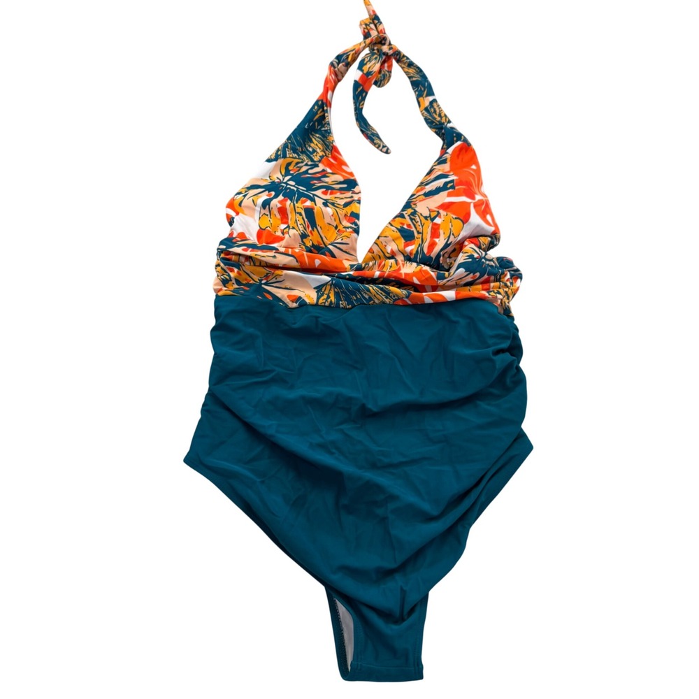 Tropical Palm Leaf Halter Ruched One Piece Swimsuit Teal Orange Summer Sz M